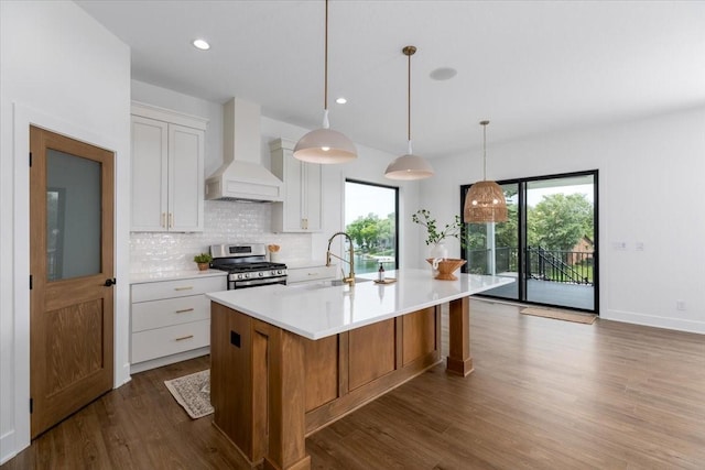 1296 Bee Tree Ln, Ellston, IA 50074 - kitchen featuring stainless steel range with gas stovetop, custom exhaust hood, a sink, light countertops, and decorative backsplash