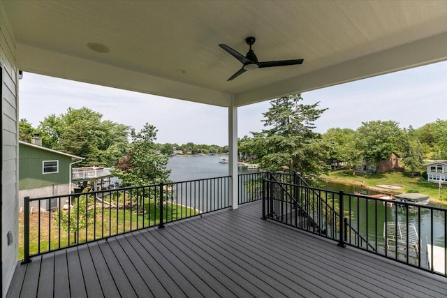 1296 Bee Tree Ln, Ellston, IA 50074 - wooden deck featuring a water view, a ceiling fan, and view of wooded area