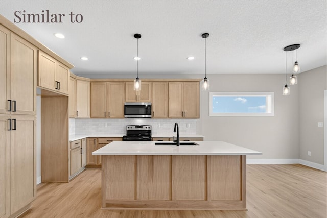 2926 Lake Hill Dr, Des Moines, IA 50320 - kitchen with stainless steel appliances, light brown cabinetry, light wood-type flooring, tasteful backsplash, and recessed lighting