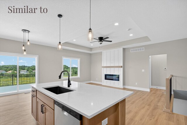 2926 Lake Hill Dr, Des Moines, IA 50320 - kitchen with dishwasher, a tray ceiling, light wood-type flooring, and recessed lighting