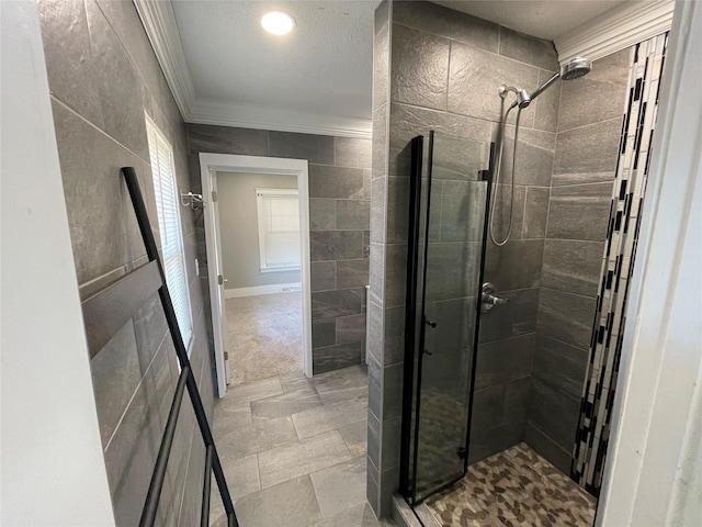 1144 Euclid Ave, Des Moines, IA 50313 - full bathroom with tile walls, stone finish floor, a stall shower, and crown molding