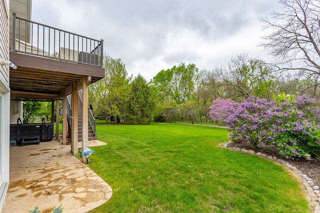 9840 Brookview Dr, Urbandale, IA 50322 - view of yard with a hot tub, a patio, and stairway