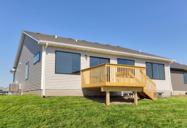 6411 NE 11th Ct, Des Moines, IA 50313 - rear view of property with a deck, a yard, stairs, and cooling unit