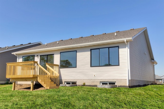 6411 NE 11th Ct, Des Moines, IA 50313 - rear view of house with a wooden deck, a yard, and stairs
