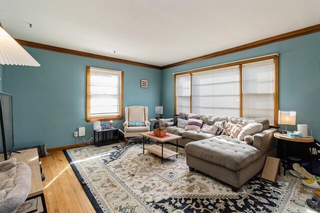 807 Virginia Ave, Des Moines, IA 50315 - living area with crown molding, wood finished floors, and baseboards