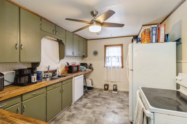 807 Virginia Ave, Des Moines, IA 50315 - kitchen with white appliances, butcher block counters, ceiling fan, a sink, and green cabinetry