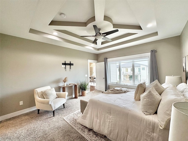17595 Aurora Dr, Clive, IA 50325 - bedroom with a tray ceiling, carpet flooring, baseboards, and a ceiling fan