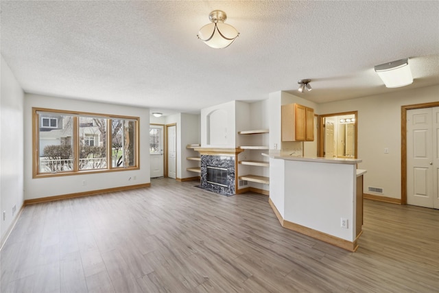811 Burr Oaks Dr Unit 1110, West Des Moines, IA 50266 - living area with a textured ceiling, wood finished floors, and a high end fireplace