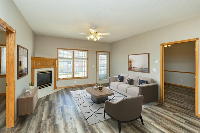 1325 SE Florence Dr Unit 207, Waukee, IA 50263 - living area featuring ceiling fan, wood finished floors, baseboards, and a tile fireplace