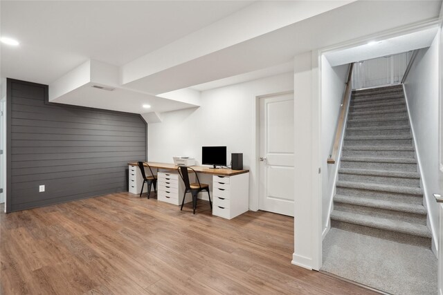 office featuring visible vents, recessed lighting, and light wood-type flooring