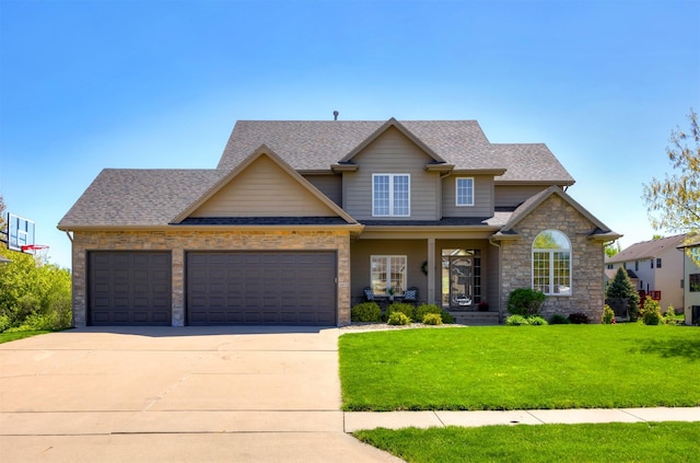 4611 153rd St, Urbandale, IA 50323 - craftsman-style house featuring a porch, a front yard, a shingled roof, an attached garage, and concrete driveway