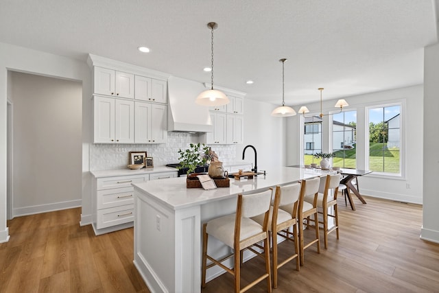 1284 NW 29th Ct, Grimes, IA 50111 - kitchen featuring premium range hood, decorative backsplash, a kitchen island with sink, light countertops, and light wood finished floors