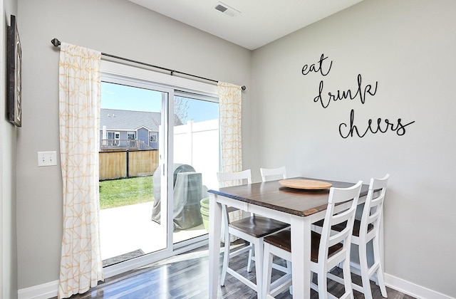 dining area with wood finished floors, visible vents, and baseboards