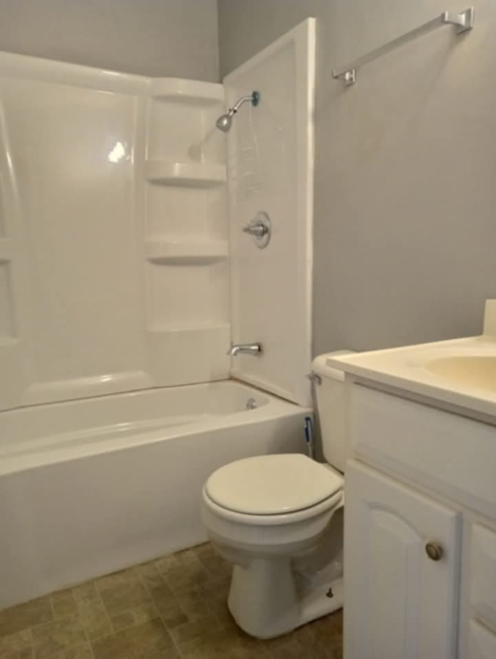 bathroom featuring vanity, toilet, and tub / shower combination