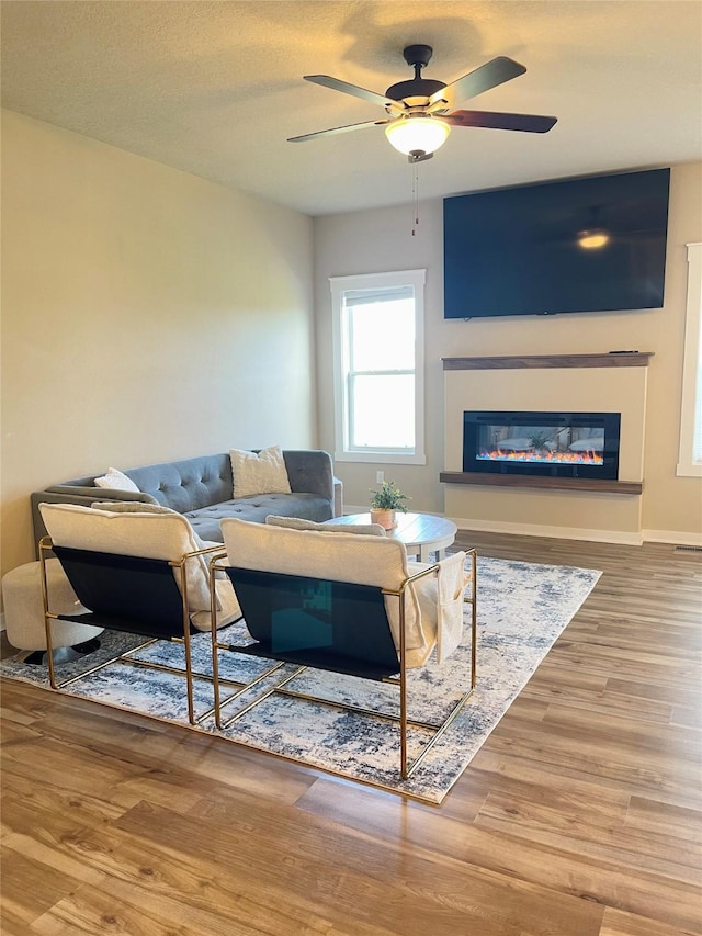 425 SE Hollow Ct, West Des Moines, IA 50265 - living room with a glass covered fireplace, ceiling fan, and wood finished floors