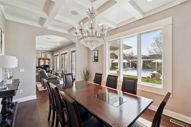 3144 Prairie Rose Dr, Norwalk, IA 50211 - dining room featuring arched walkways, visible vents, dark wood-type flooring, and coffered ceiling