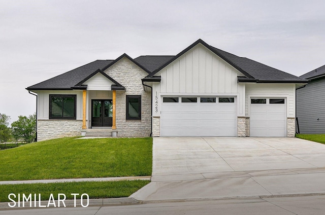 18048 Tanglewood Dr, Clive, IA 50325 - modern farmhouse style home featuring stone siding, board and batten siding, a garage, concrete driveway, and a front lawn