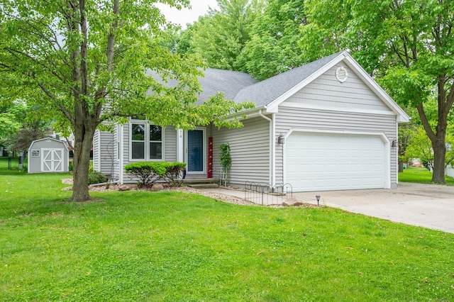 4774 Coachlight Dr, West Des Moines, IA 50265 - ranch-style home featuring concrete driveway, a garage, a storage unit, a front yard, and roof with shingles