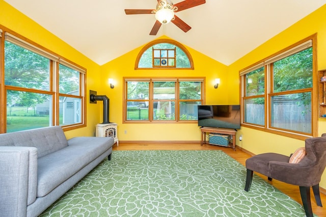 4774 Coachlight Dr, West Des Moines, IA 50265 - living room featuring ceiling fan, vaulted ceiling, and wood finished floors