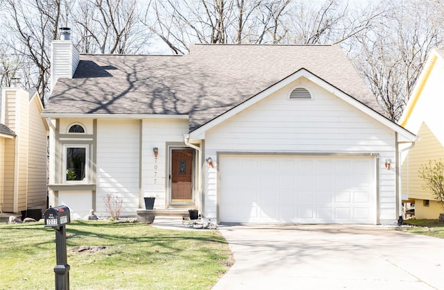 ranch-style house with a shingled roof, a chimney, driveway, and a front lawn
