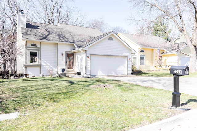 view of front of property featuring a garage, a chimney, concrete driveway, and a front yard