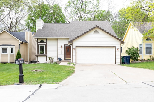 single story home with a front yard, a chimney, a shingled roof, an attached garage, and driveway
