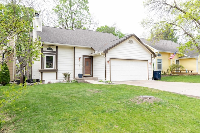 ranch-style house with an attached garage, driveway, a chimney, and a front lawn