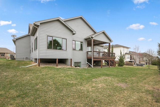 16206 Brookview Dr, Urbandale, IA 50323 - back of house with stairway, a wooden deck, a lawn, and central AC unit