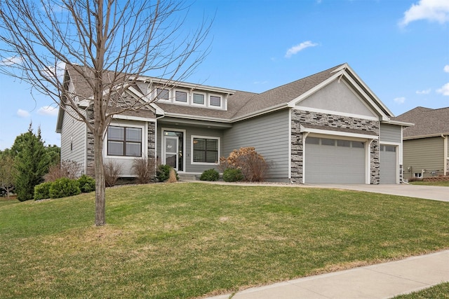 16206 Brookview Dr, Urbandale, IA 50323 - view of front of home with stone siding, a garage, a front lawn, driveway, and a shingled roof
