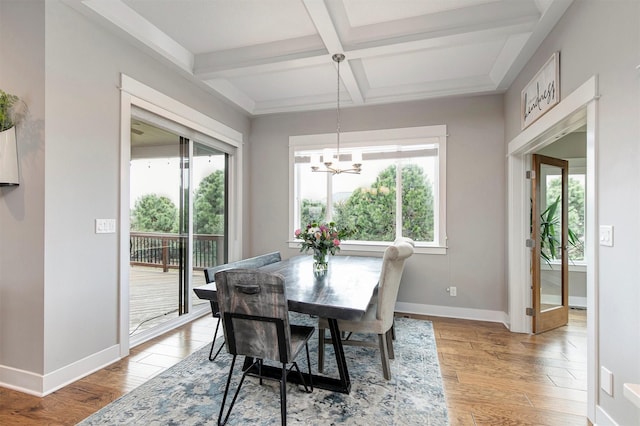 16206 Brookview Dr, Urbandale, IA 50323 - dining room with a chandelier, coffered ceiling, beamed ceiling, light wood-style flooring, and baseboards