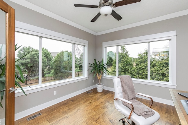 16206 Brookview Dr, Urbandale, IA 50323 - office featuring baseboards, a ceiling fan, light wood-type flooring, and ornamental molding