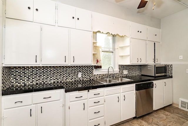 301 N 4th St, Marshalltown, IA 50158 - kitchen featuring appliances with stainless steel finishes, open shelves, a ceiling fan, and white cabinets