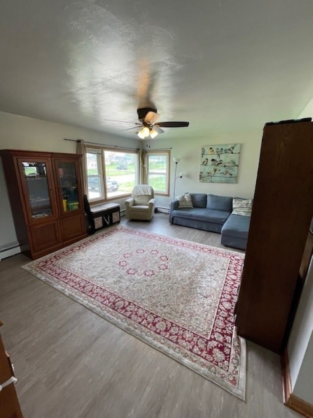 320 1st Ave, Grinnell, IA 50112 - living area featuring wood finished floors, ceiling fan, and a baseboard radiator