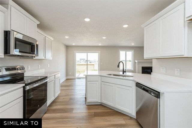 1012 Willow Valley Dr, Norwalk, IA 50211 - kitchen featuring a peninsula, light wood finished floors, stainless steel appliances, recessed lighting, and a sink