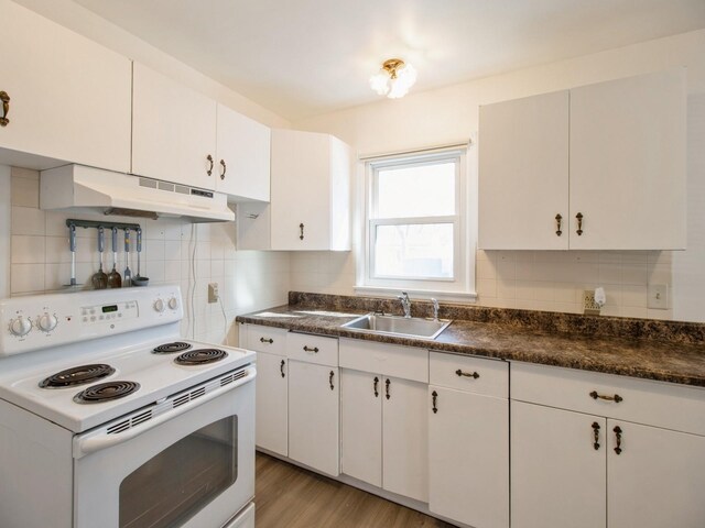 3112 Sheridan Ave, Des Moines, IA 50310 - kitchen with white range with electric stovetop, under cabinet range hood, dark countertops, and backsplash