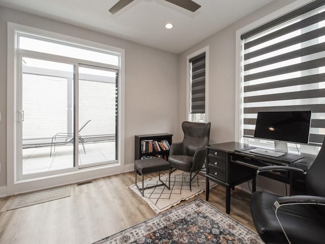 804 E 2nd St, Des Moines, IA 50309 - office featuring visible vents, wood finished floors, recessed lighting, and a ceiling fan