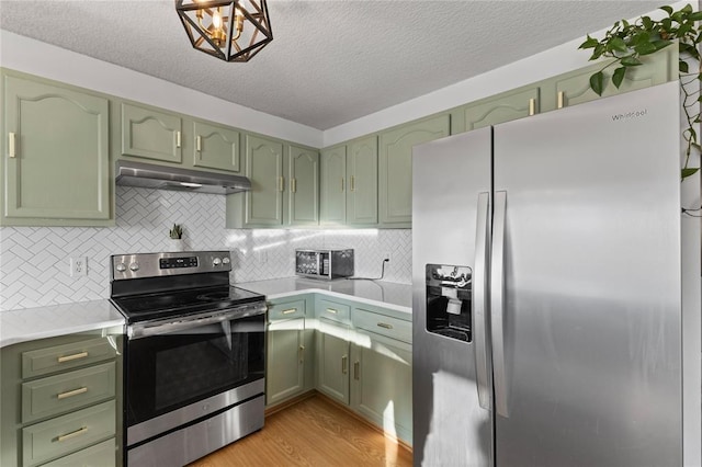 400 Coral Ridge Blvd, Pleasant Hill, IA 50327 - kitchen with light countertops, green cabinetry, appliances with stainless steel finishes, and under cabinet range hood