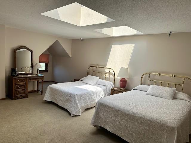 bedroom featuring a skylight, carpet, and a textured ceiling