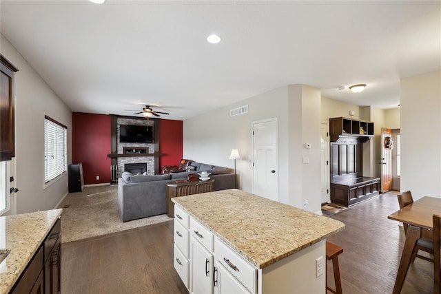 250 NE Fox Run Trl, Waukee, IA 50263 - kitchen featuring a ceiling fan, dark wood-type flooring, a fireplace, light stone counters, and a kitchen island