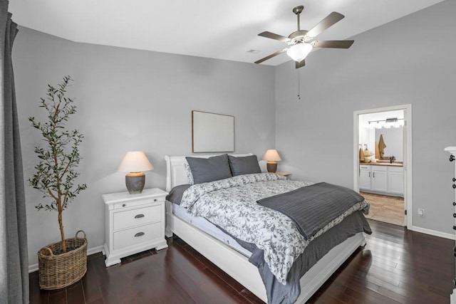 2403 NE Oak Dr Unit 6, Ankeny, IA 50021 - bedroom featuring baseboards, ensuite bath, a ceiling fan, dark wood-type flooring, and lofted ceiling