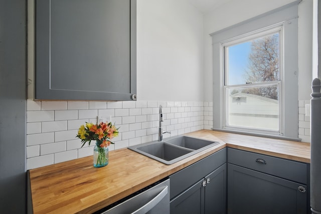 404 W Boston Ave, Indianola, IA 50125 - kitchen featuring wood counters, backsplash, gray cabinets, and stainless steel dishwasher