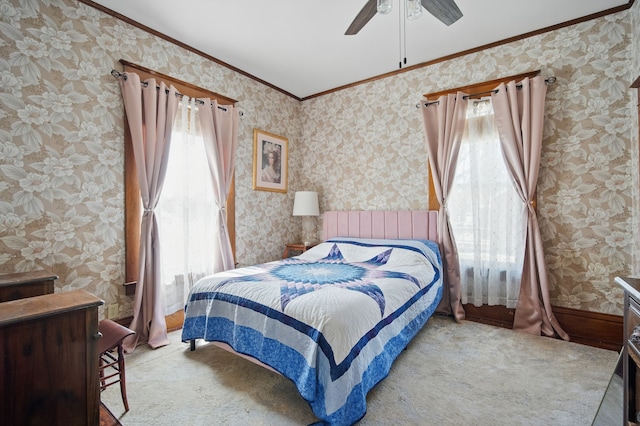 404 W Boston Ave, Indianola, IA 50125 - carpeted bedroom with wallpapered walls, crown molding, and ceiling fan