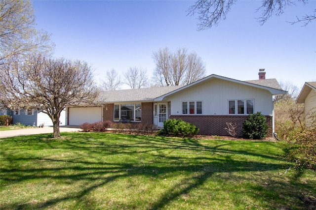 1412 Country Club Dr, Pella, IA 50219 - ranch-style house with brick siding, a garage, a chimney, concrete driveway, and a front lawn