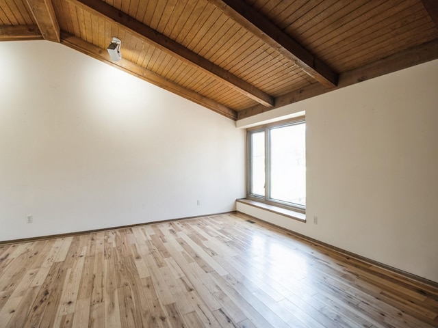empty room with light wood finished floors, vaulted ceiling with beams, and wood ceiling