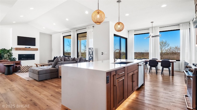 18170 79th Ln, Indianola, IA 50125 - kitchen featuring a sink, open floor plan, stainless steel appliances, light wood-style flooring, and lofted ceiling