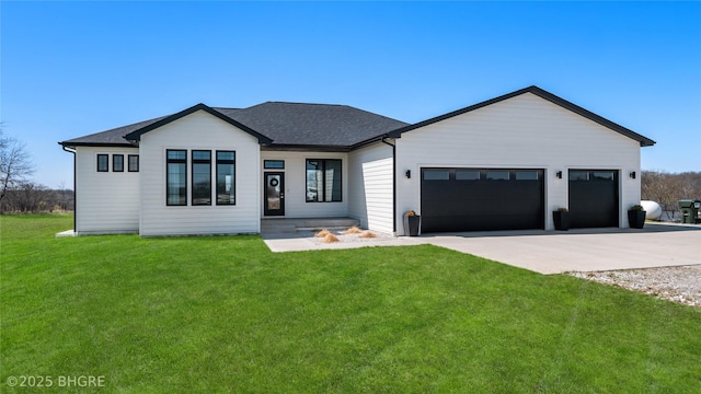 18170 79th Ln, Indianola, IA 50125 - modern inspired farmhouse featuring concrete driveway, roof with shingles, a garage, and a front lawn
