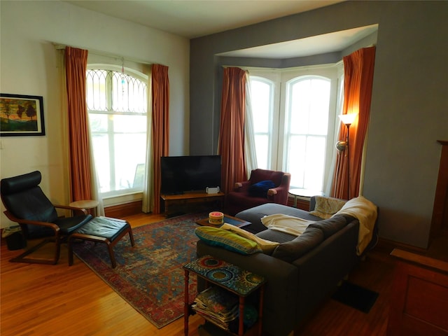 living room with a wealth of natural light and wood finished floors