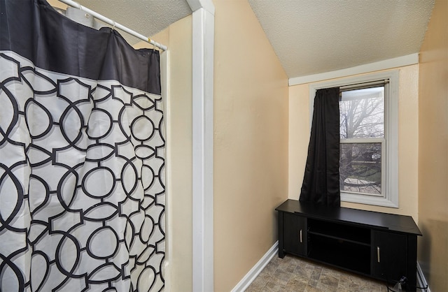 1632 Mamie Eisenhower Ave, Boone, IA 50036 - full bath featuring a textured ceiling, baseboards, vaulted ceiling, a shower with curtain, and stone finish flooring
