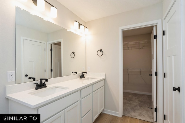 bathroom featuring baseboards, double vanity, a sink, and a walk in closet