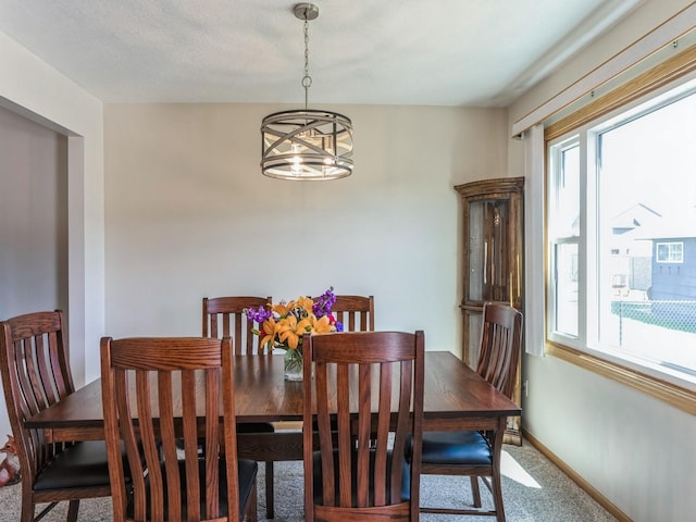 2917 SW Coves Dr, Ankeny, IA 50023 - carpeted dining area featuring a chandelier, baseboards, and plenty of natural light